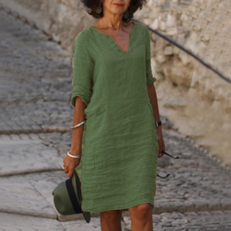 Women's casual dress with V-neck and 3/4 sleeves – Comfortable and stylish for daily use