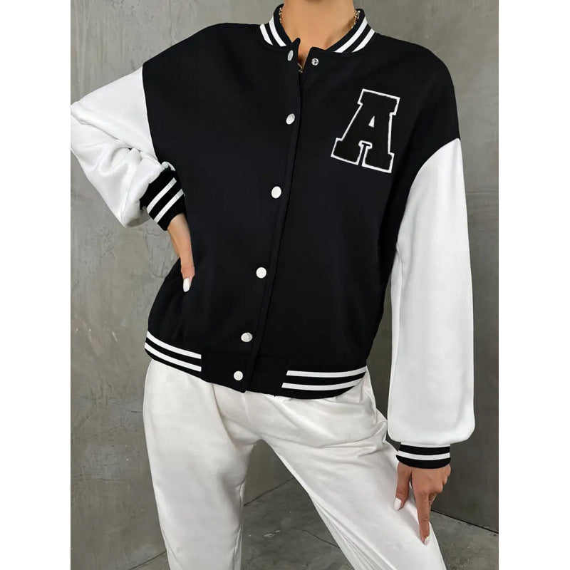 Women's Varsity Bomber Jacket with Letter Print – Sporty College Style for Casual Outfits