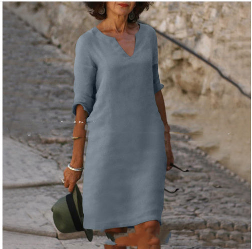Women's casual dress with V-neck and 3/4 sleeves – Comfortable and stylish for daily use
