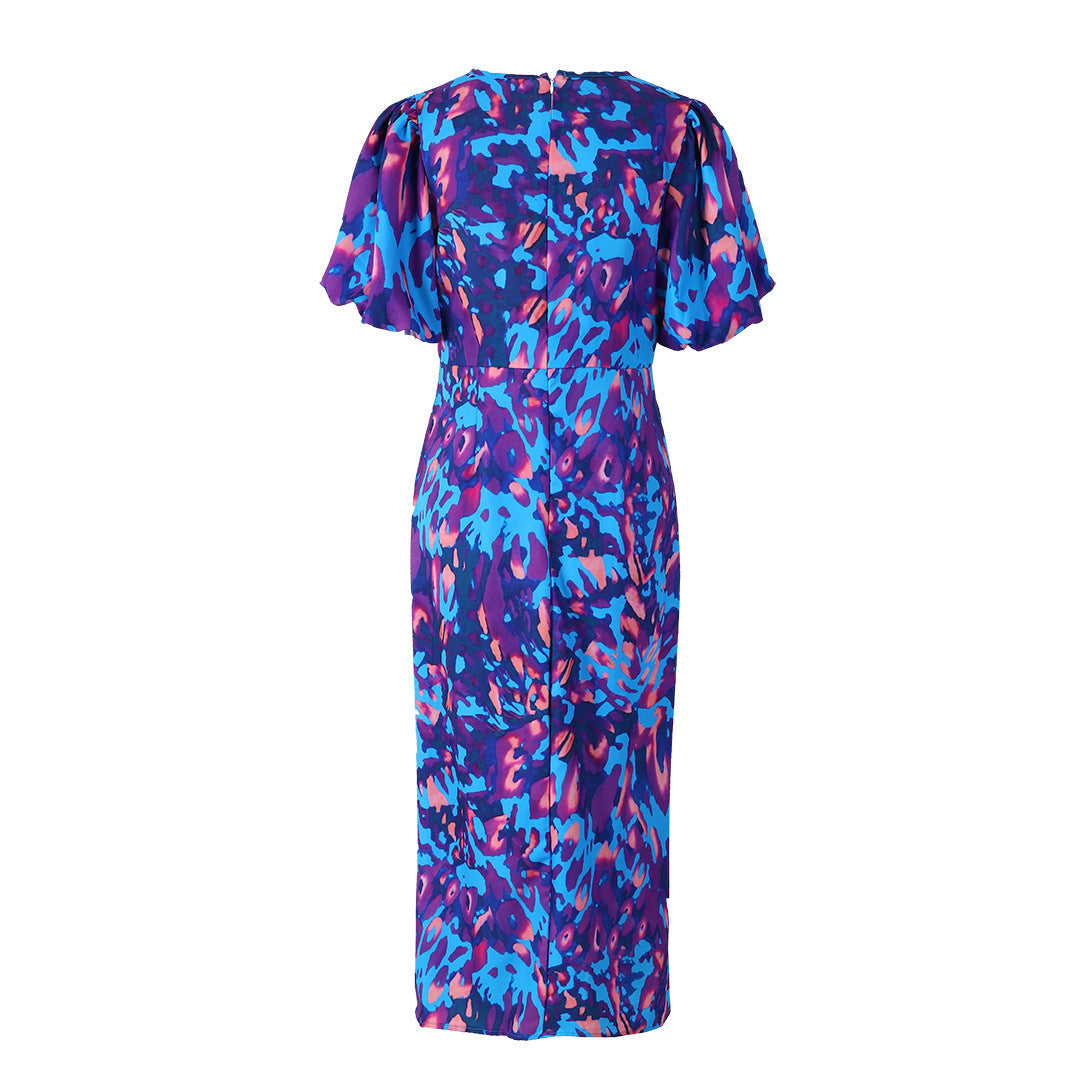 Women's Dress with Puff Sleeves and Elegant Print – Ideal for Parties and Summer Occasions