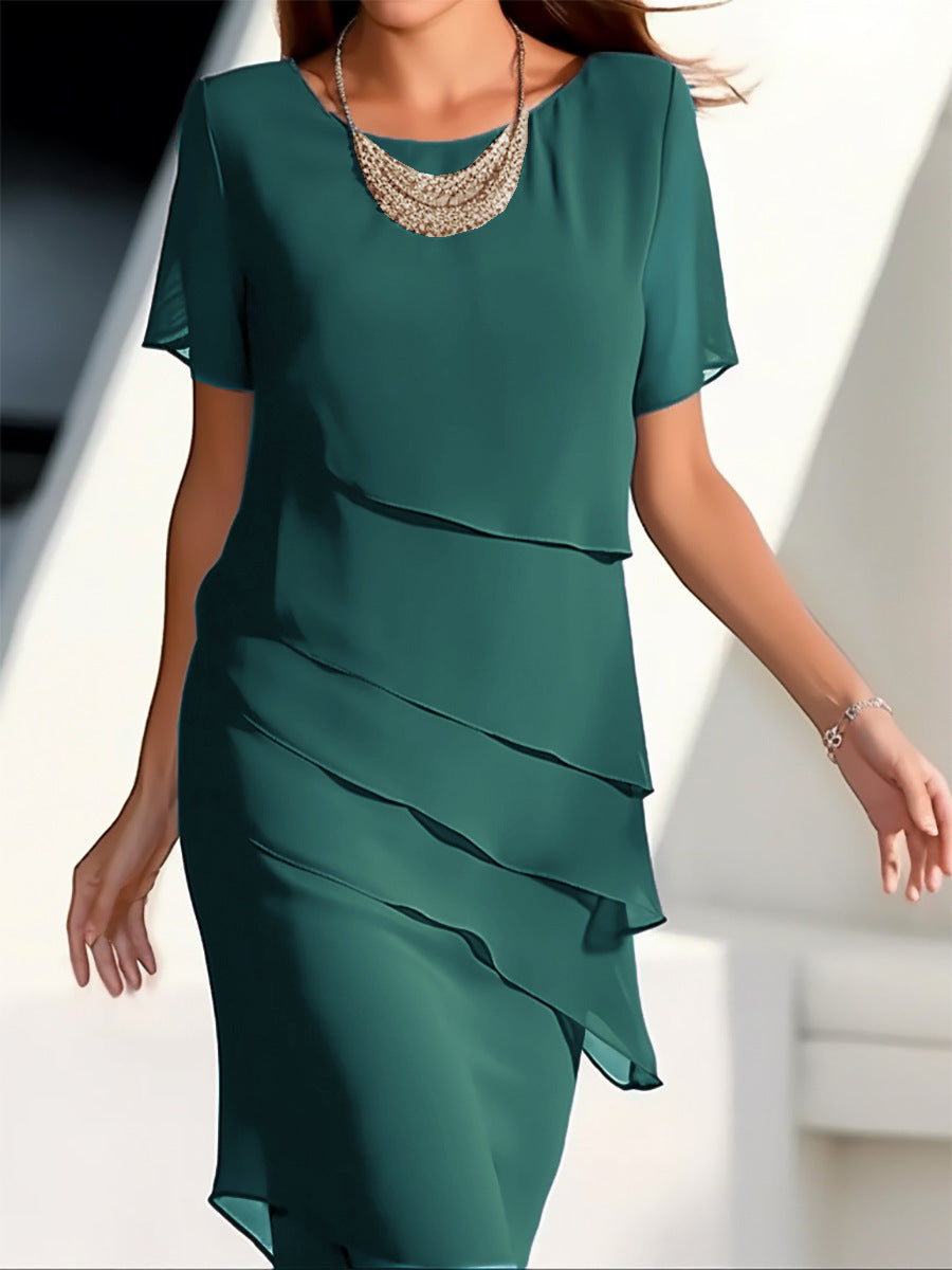 Women's layered dress with short sleeve – elegant cocktail dress for party & wedding