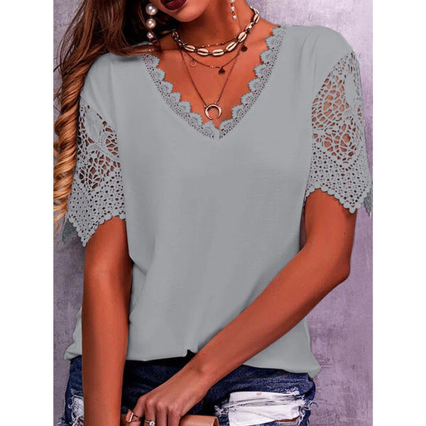 Women's Top with Lace Details – Elegant Summer Blouse with V-Neck