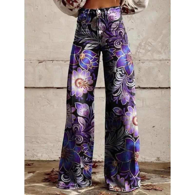 Charlotte – Printed High Waist Imitation Denim Wide Pants