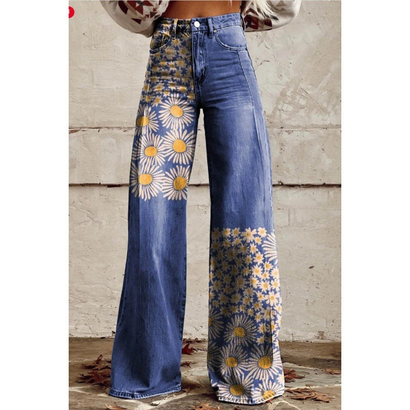 Charlotte – Printed High Waist Imitation Denim Wide Pants