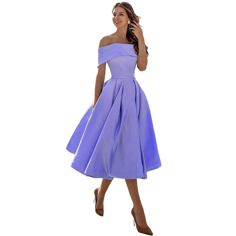 Ladies Off-Shoulder Cocktail Dress with Elegant Pleated Skirt