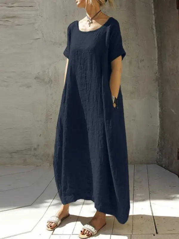 Linda – Cotton and Linen Dress with Round Neck and Short Sleeves