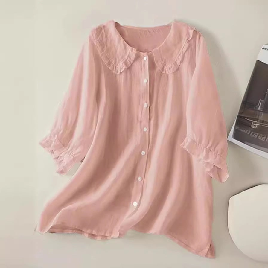 Women's Blouse with Round Collar and Button Closure – Romantic Casual Look