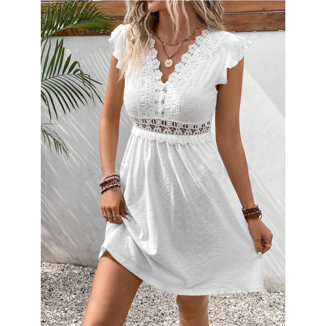 Elizabeth – Knitted Jacquard Dress with See-through Lace and Butterfly Sleeves
