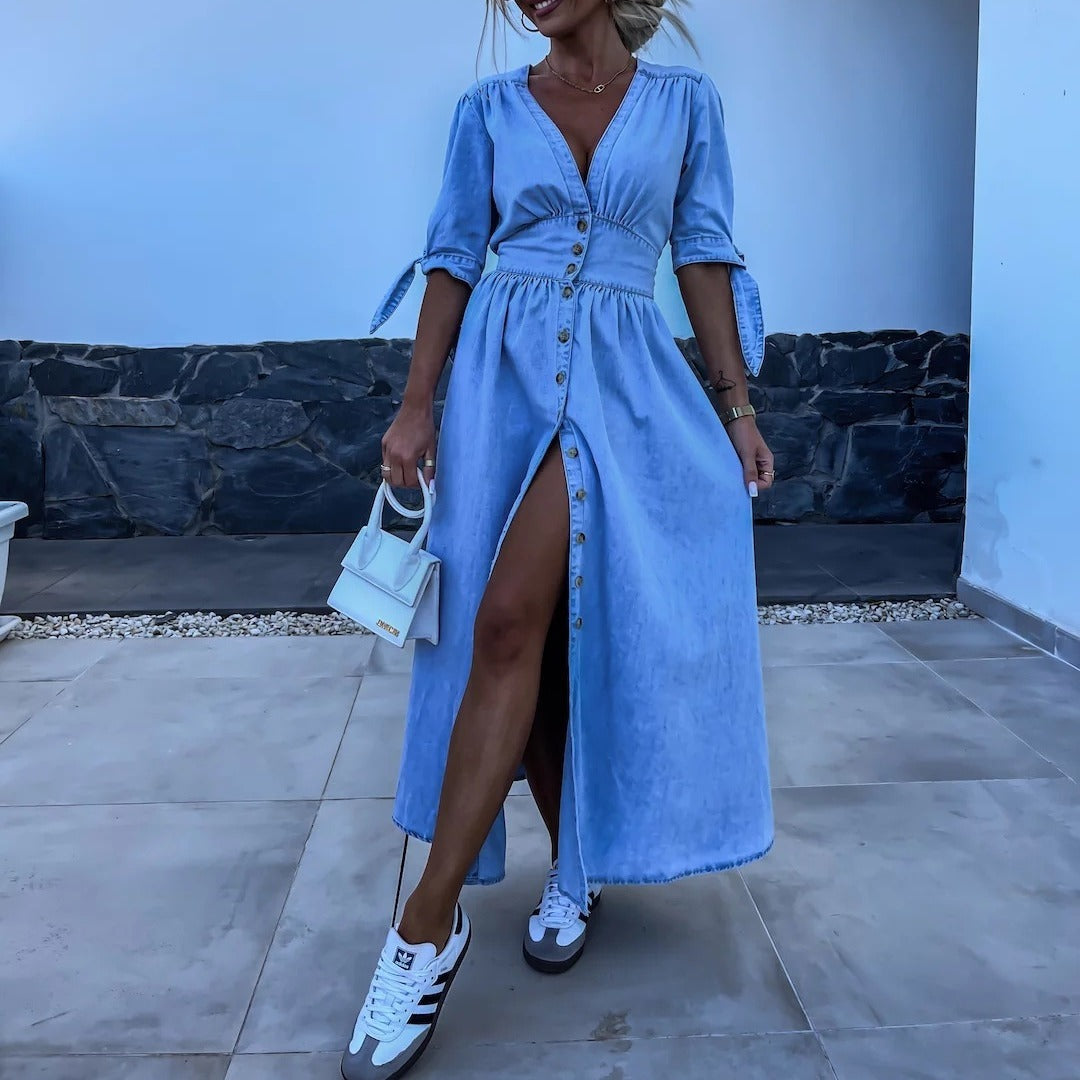Carol – Trendy V-neck Denim Dress for Women