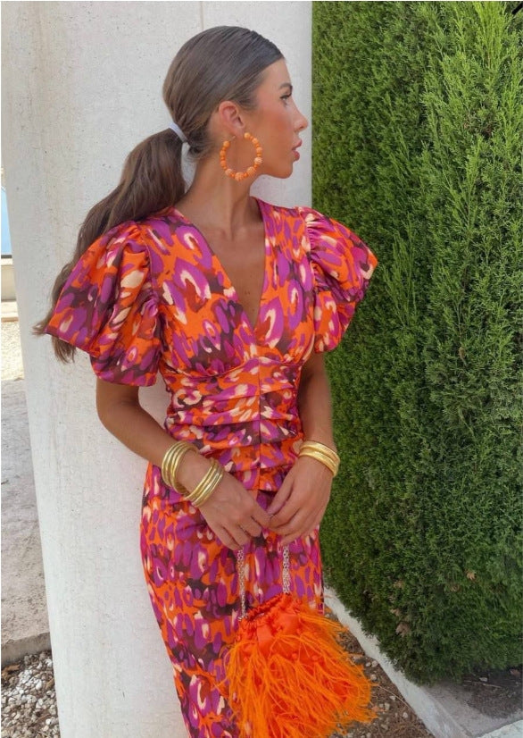 Women's Dress with Puff Sleeves and Elegant Print – Ideal for Parties and Summer Occasions