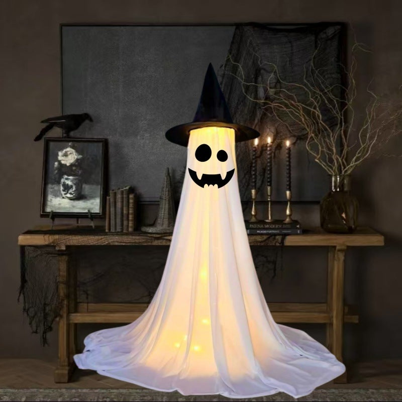 Halloween Decoration Ghost with Hat - Illuminated Ornaments for Party, Atmospheric Decoration and Trick-or-Treat