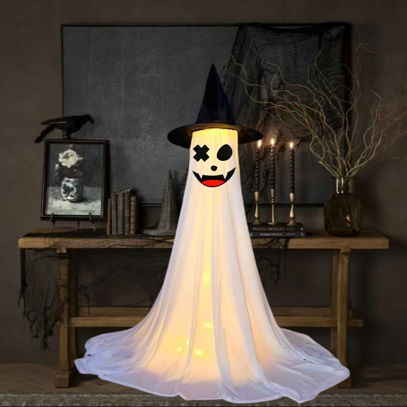 Halloween Decoration Ghost with Hat - Illuminated Ornaments for Party, Atmospheric Decoration and Trick-or-Treat