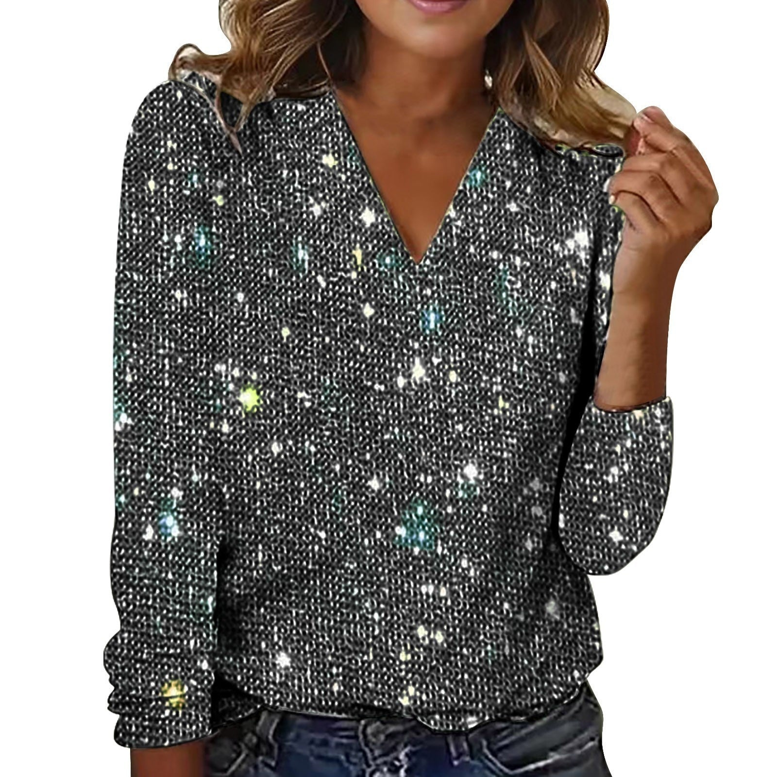 Caroline – Trendy Women's Glitter V-Neck Blouse with Long Sleeves for Spring and Summer