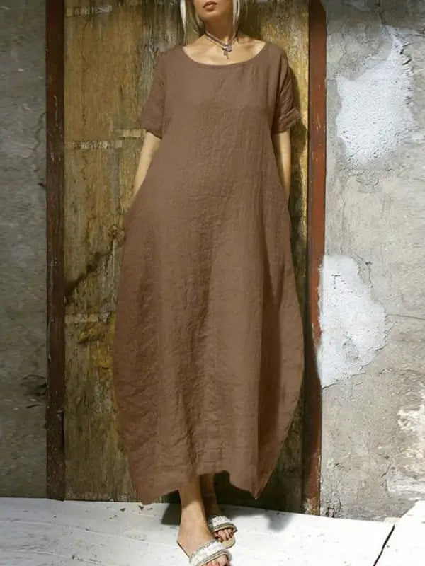 Linda – Cotton and Linen Dress with Round Neck and Short Sleeves