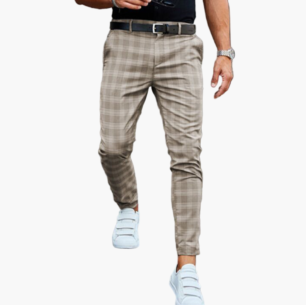 Men's Chino Pants with Stretch and Check Pattern – Modern Slim Fit for Casual and Business