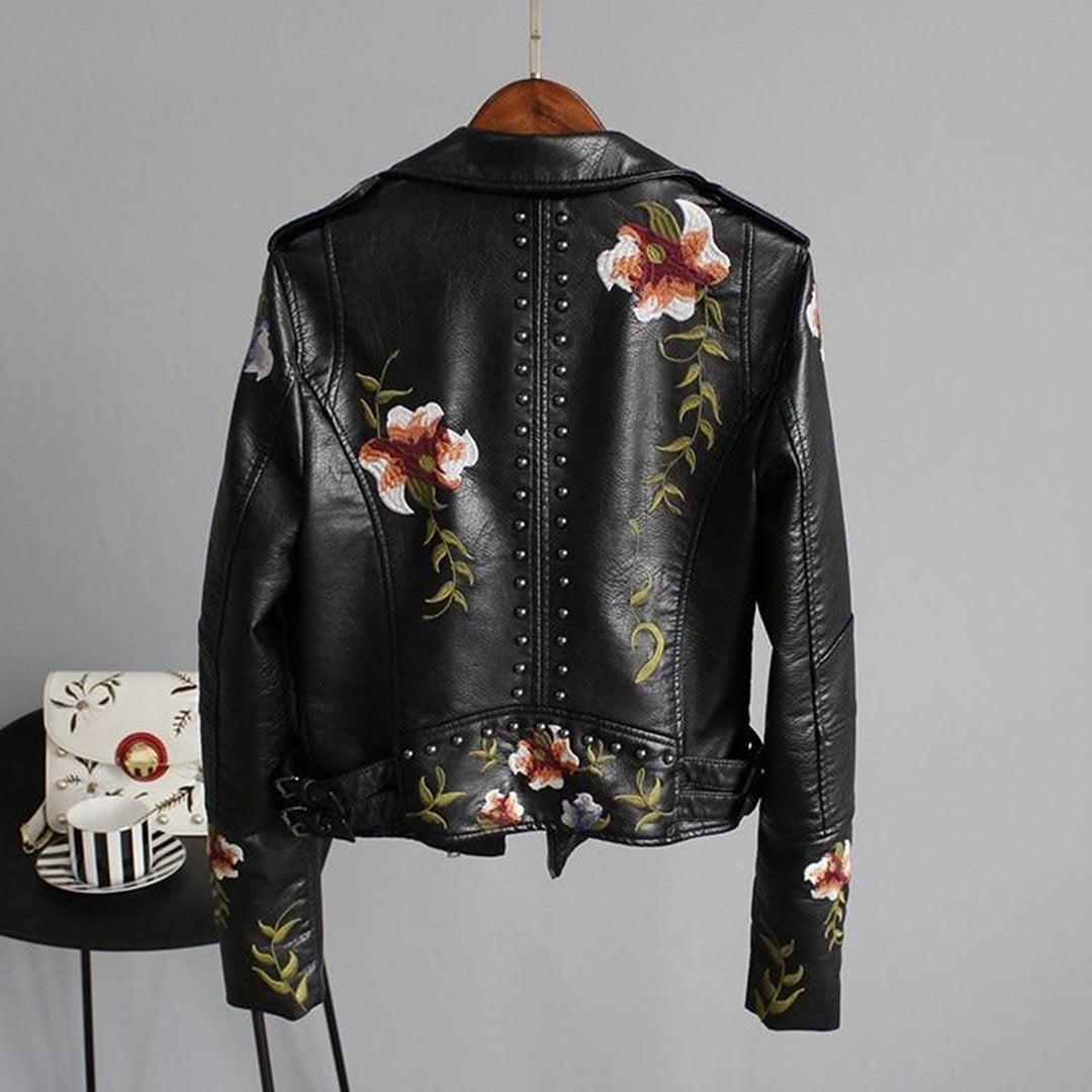 Women's Embroidered Motorcycle Jacket with Flowers – Stylish and Trendy Spring Summer