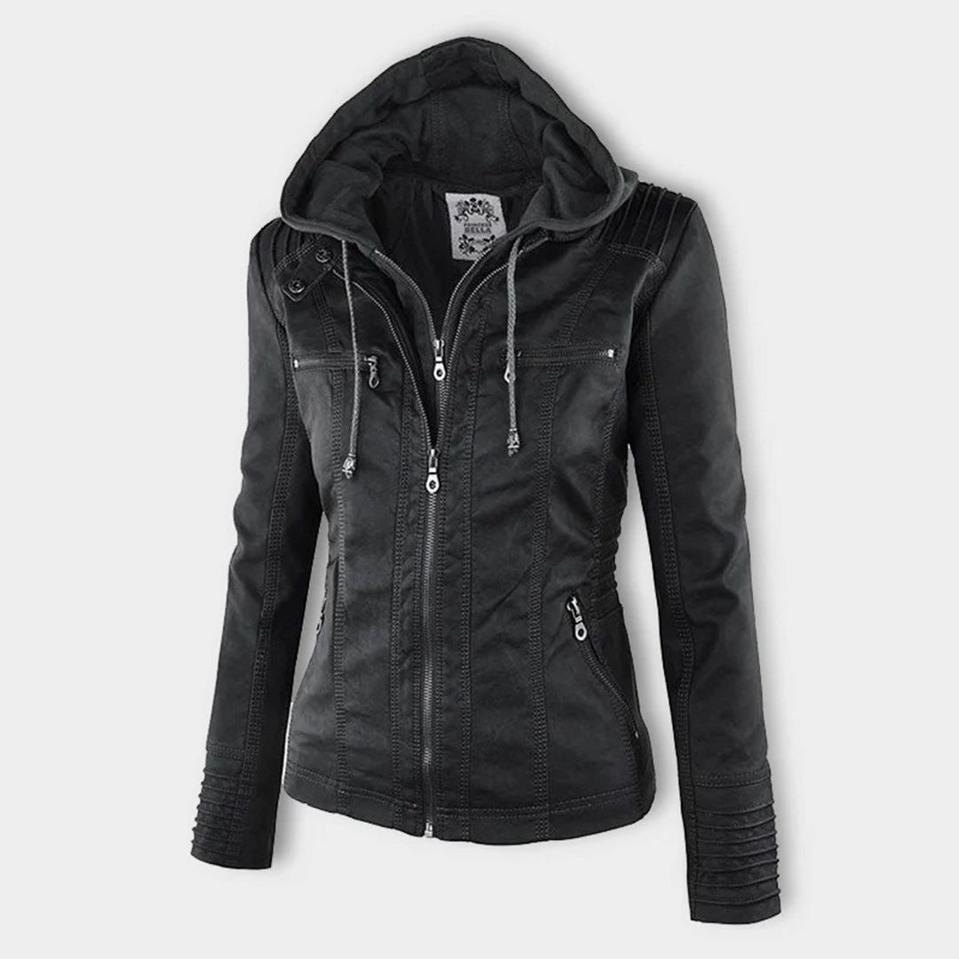 Women's Jacket with Hood – Trendy Leather Look for Autumn and Winter, Fashionable Style, Ideal for Daily Use