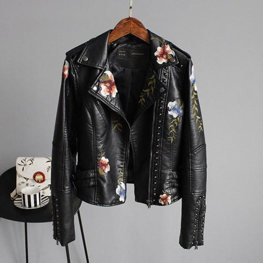 Women's Embroidered Motorcycle Jacket with Flowers – Stylish and Trendy Spring Summer