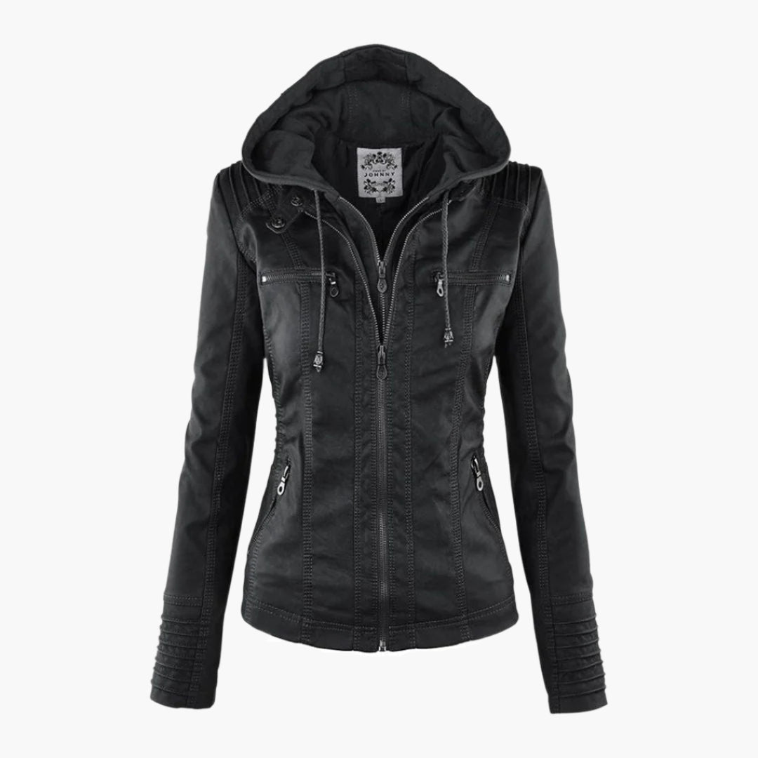 Women's Jacket with Hood – Trendy Leather Look for Autumn and Winter, Fashionable Style, Ideal for Daily Use