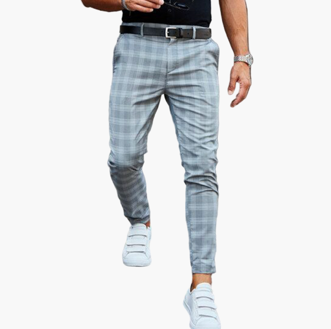 Men's Chino Pants with Stretch and Check Pattern – Modern Slim Fit for Casual and Business