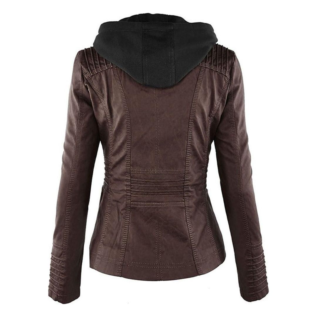 Women's Jacket with Hood – Trendy Leather Look for Autumn and Winter, Fashionable Style, Ideal for Daily Use