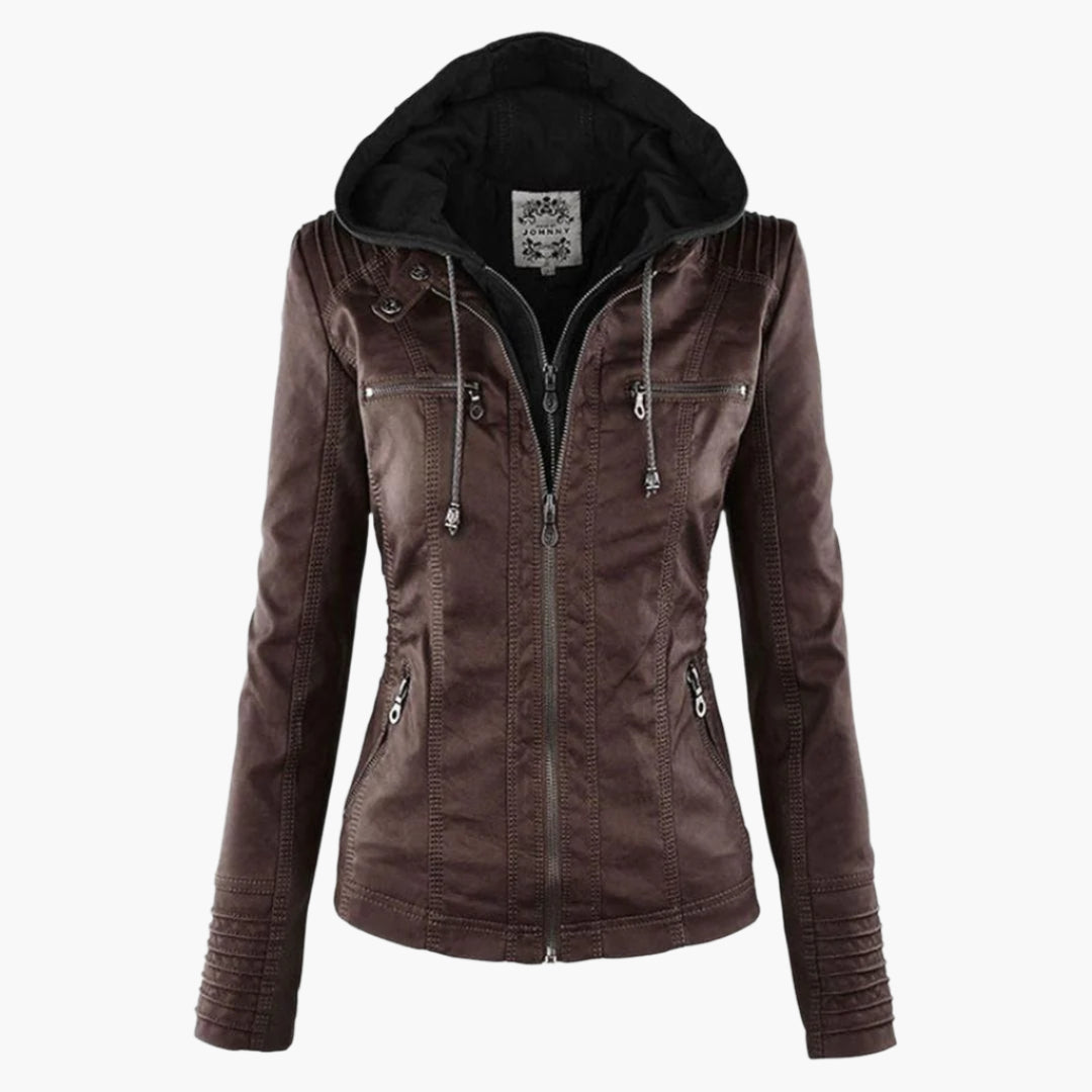 Women's Jacket with Hood – Trendy Leather Look for Autumn and Winter, Fashionable Style, Ideal for Daily Use