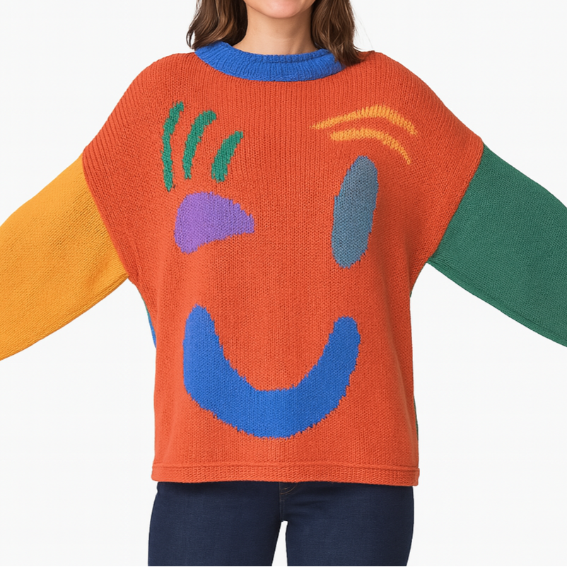 Women's Knitted Sweater with Abstract Smiley - Comfortable Casual Style for Sunday & Leisure Time