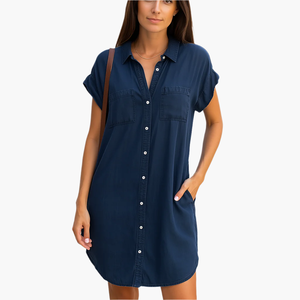 Women's Casual Jeans Dress – Comfortable V-neck Shirt Dress for Daily Use