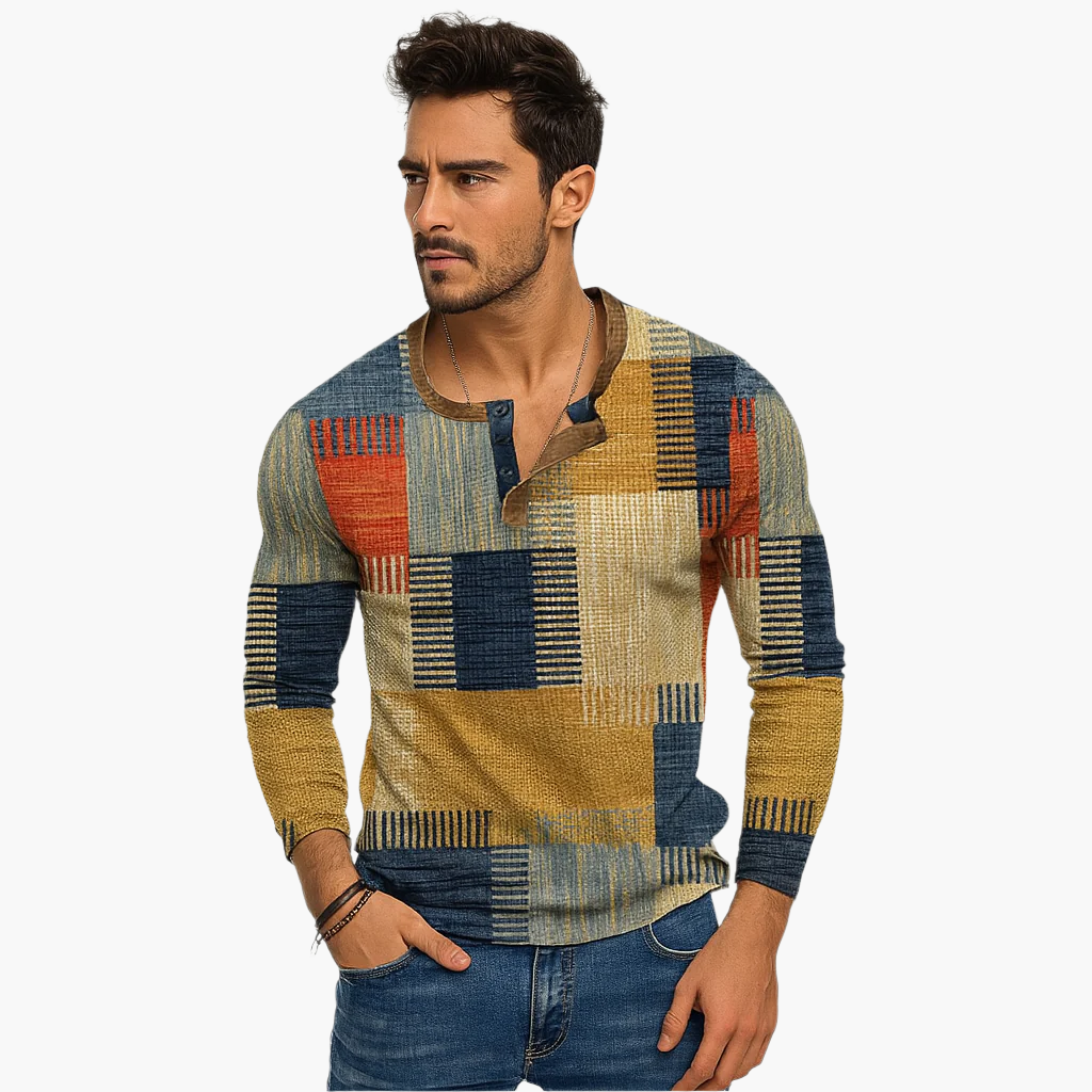 Men's Henley Knitted Sweater Patchwork Style – Comfortable Fashionable Sweater for Autumn and Winter
