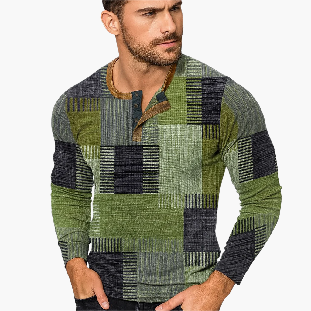 Men's Henley Knitted Sweater Patchwork Style – Comfortable Fashionable Sweater for Autumn and Winter