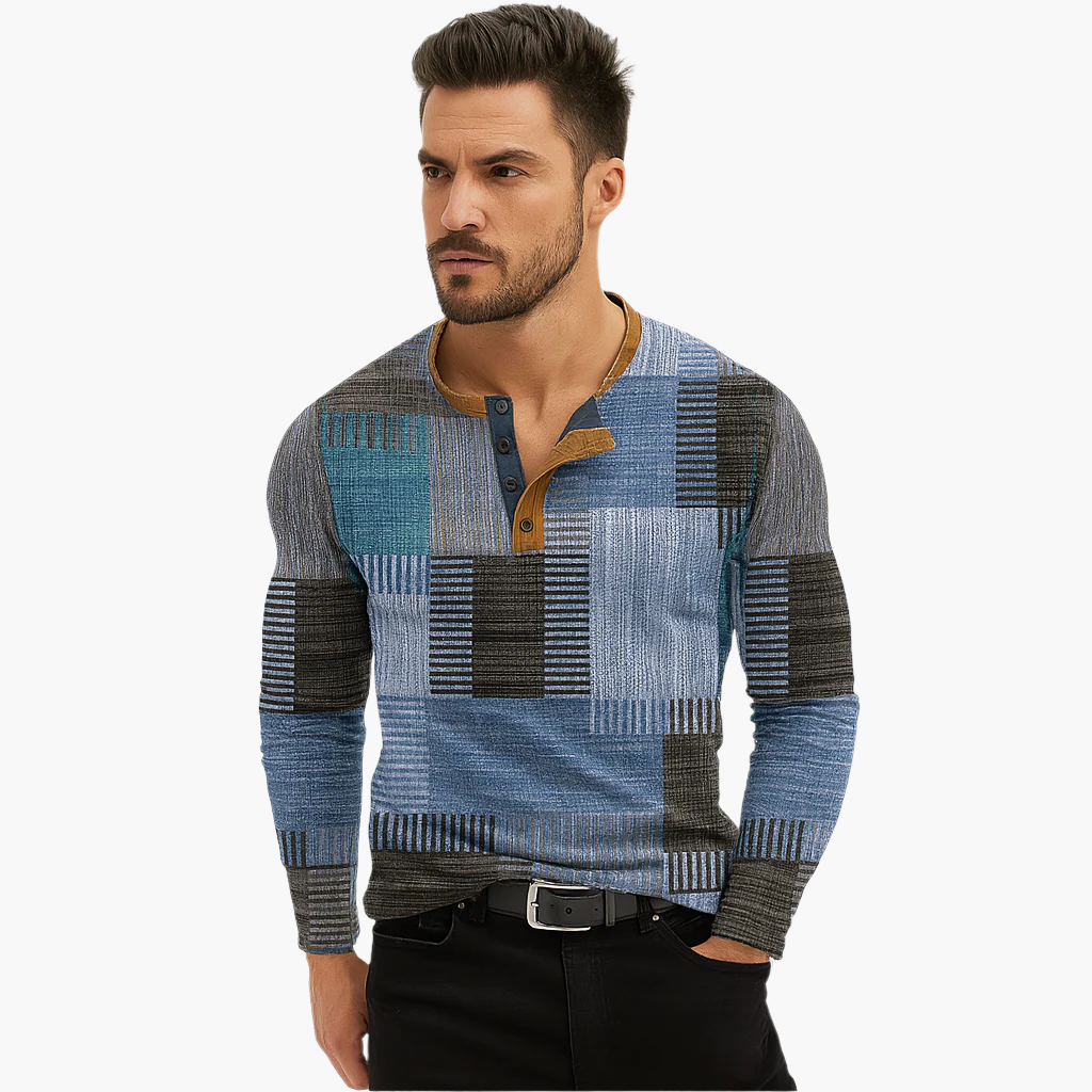Men's Henley Knitted Sweater Patchwork Style – Comfortable Fashionable Sweater for Autumn and Winter