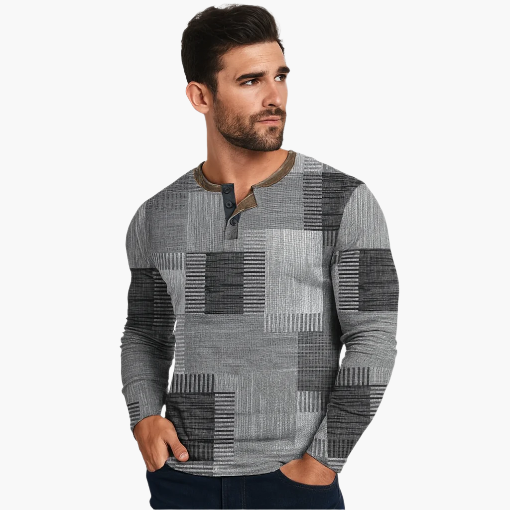 Men's Henley Knitted Sweater Patchwork Style – Comfortable Fashionable Sweater for Autumn and Winter