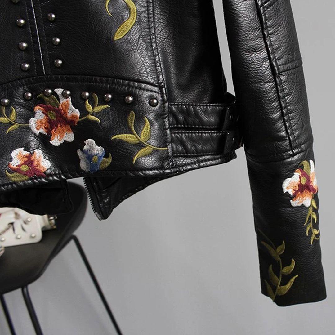Women's Embroidered Motorcycle Jacket with Flowers – Stylish and Trendy Spring Summer