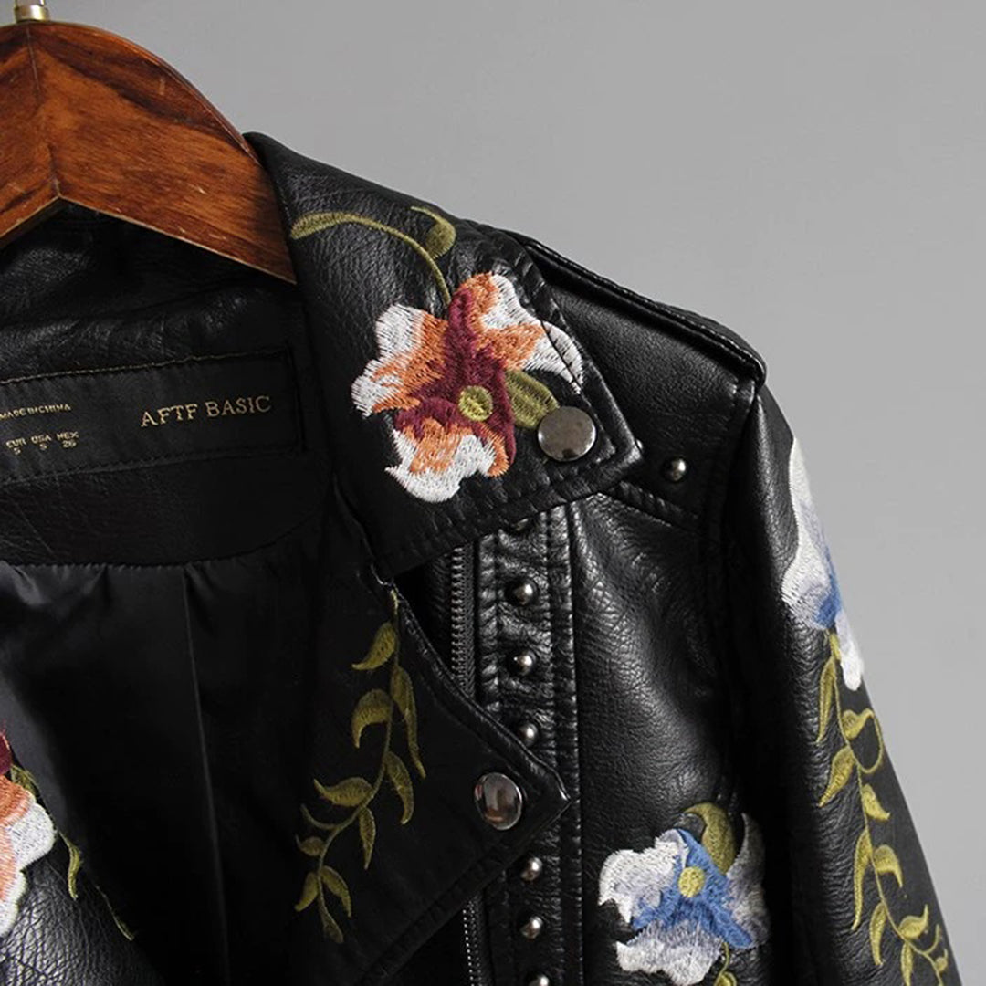 Women's Embroidered Motorcycle Jacket with Flowers – Stylish and Trendy Spring Summer