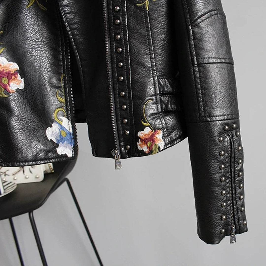 Women's Embroidered Motorcycle Jacket with Flowers – Stylish and Trendy Spring Summer