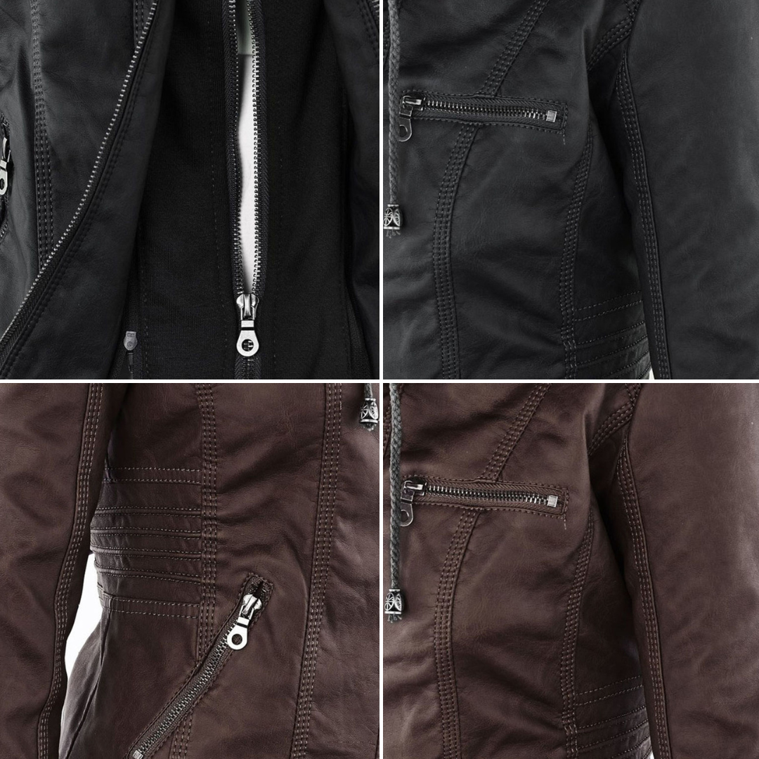 Women's Jacket with Hood – Trendy Leather Look for Autumn and Winter, Fashionable Style, Ideal for Daily Use