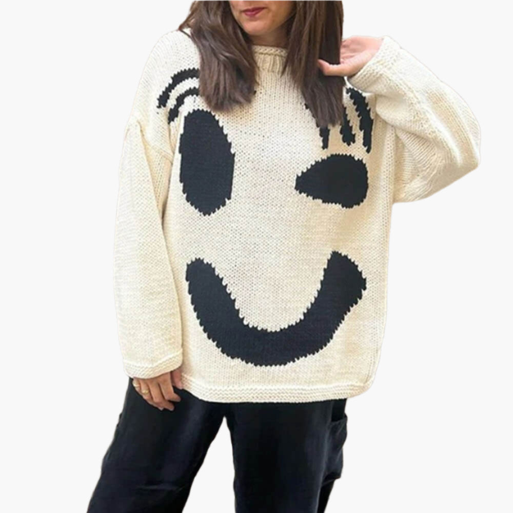 Women's Knitted Sweater with Abstract Smiley - Comfortable Casual Style for Sunday & Leisure Time