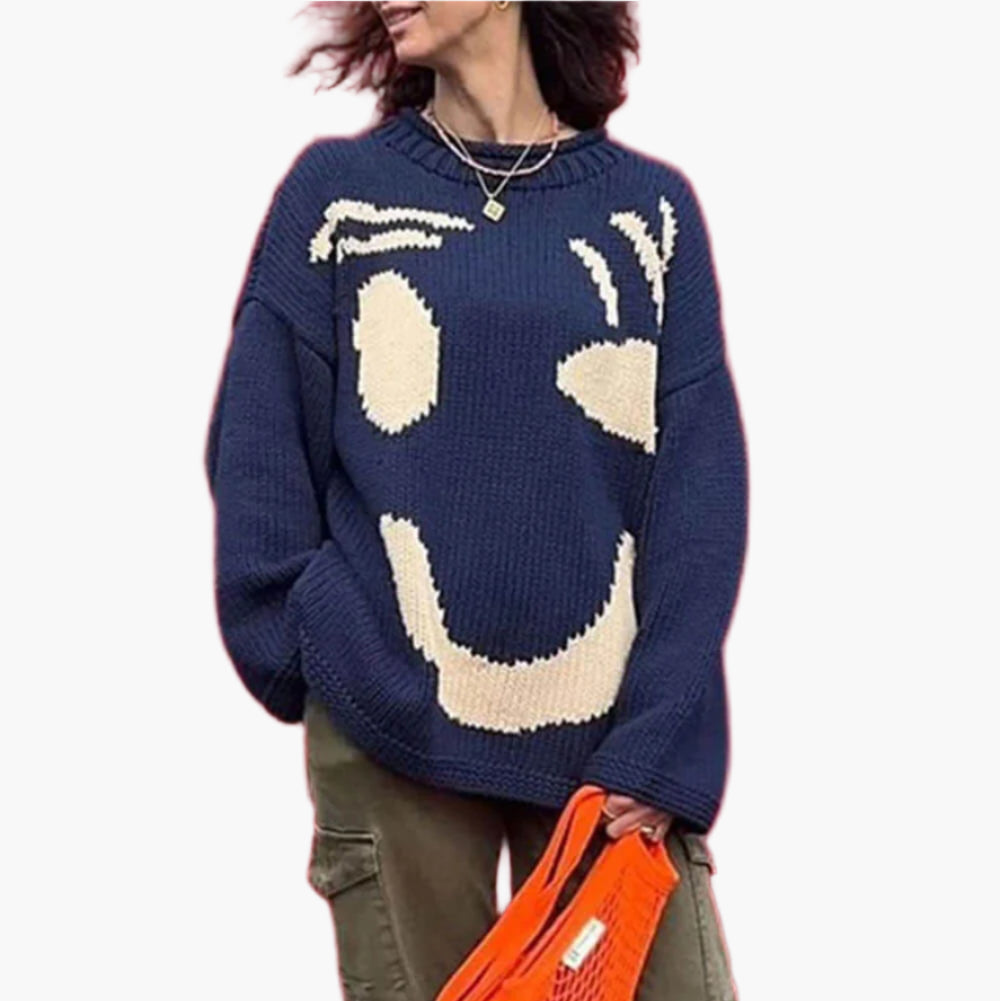 Women's Knitted Sweater with Abstract Smiley - Comfortable Casual Style for Sunday & Leisure Time