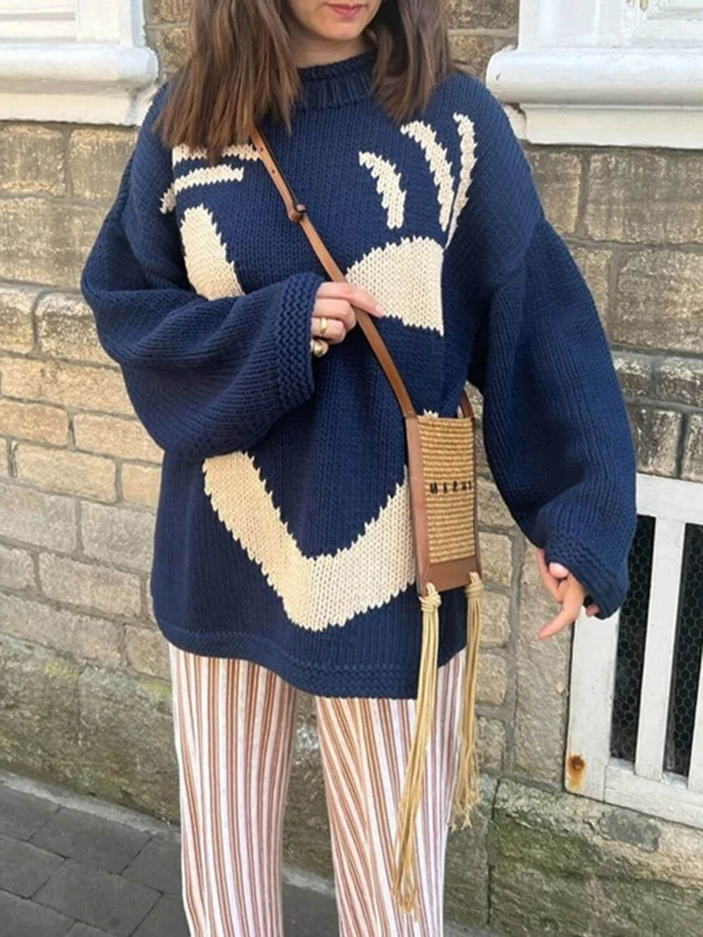 Women's Knitted Sweater with Abstract Smiley - Comfortable Casual Style for Sunday & Leisure Time