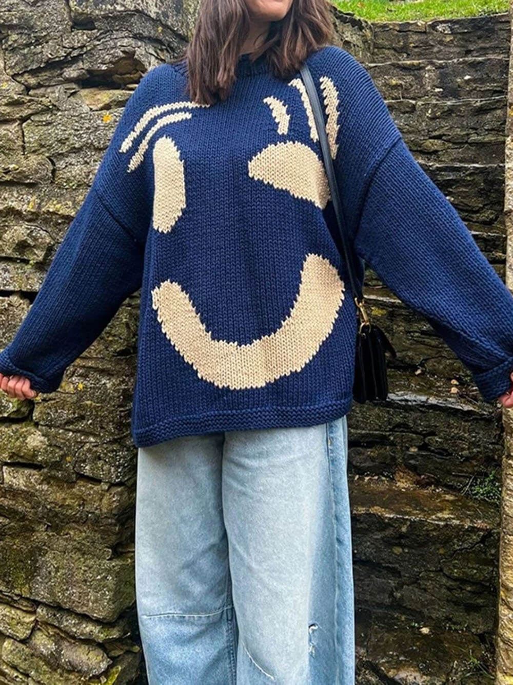Women's Knitted Sweater with Abstract Smiley - Comfortable Casual Style for Sunday & Leisure Time