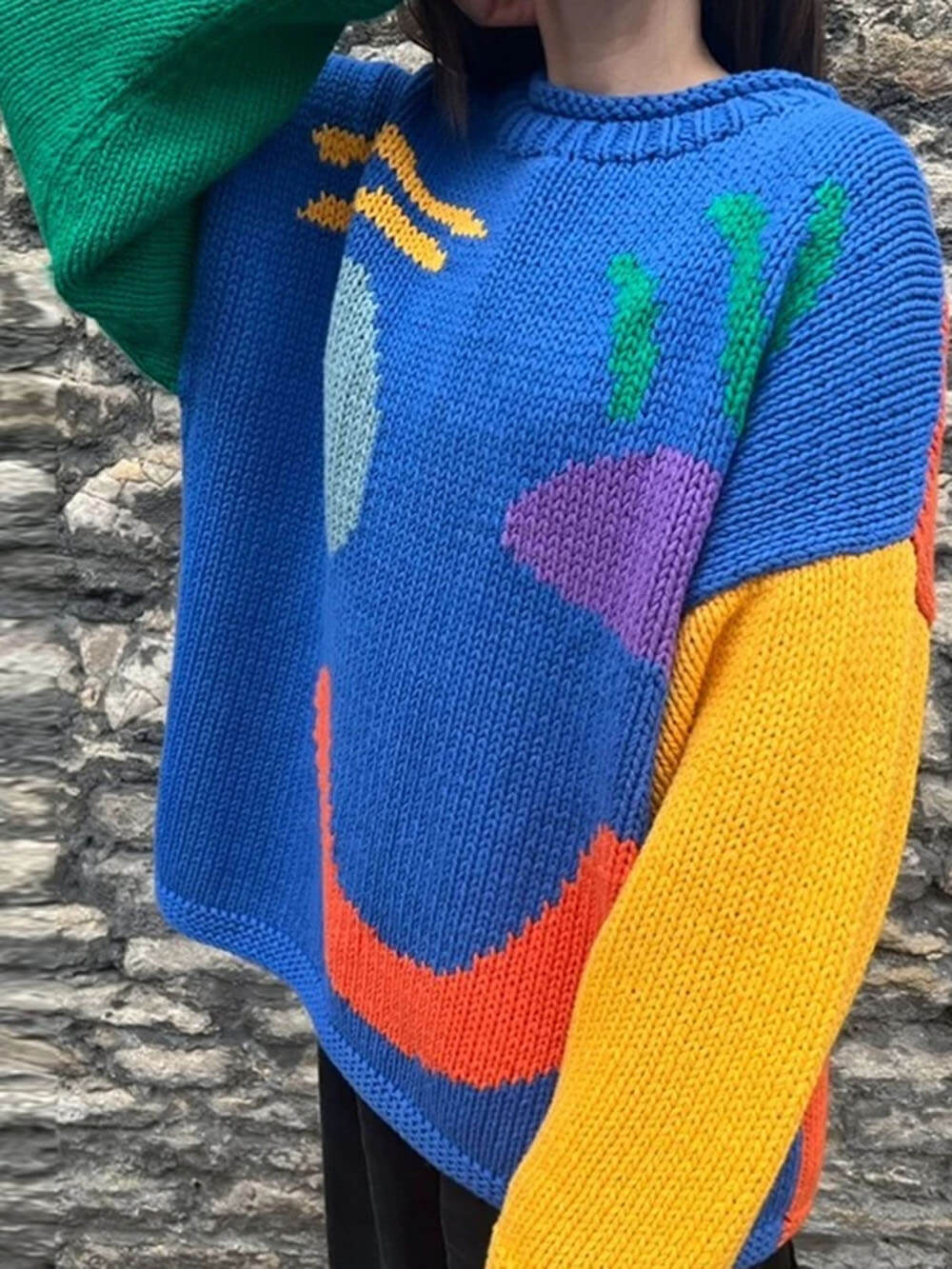 Women's Knitted Sweater with Abstract Smiley - Comfortable Casual Style for Sunday & Leisure Time