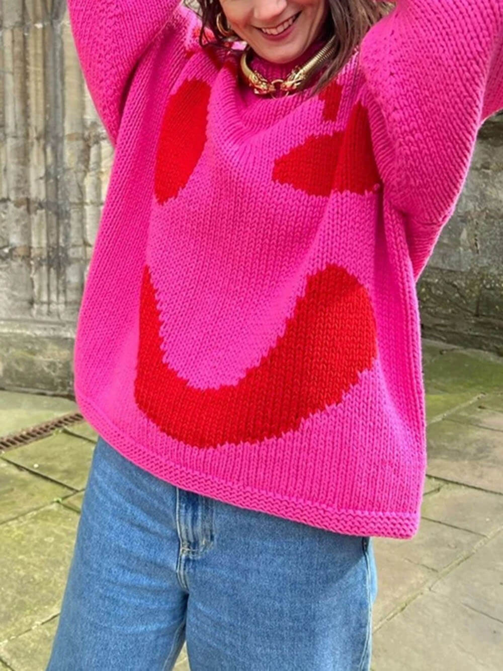 Women's Knitted Sweater with Abstract Smiley - Comfortable Casual Style for Sunday & Leisure Time