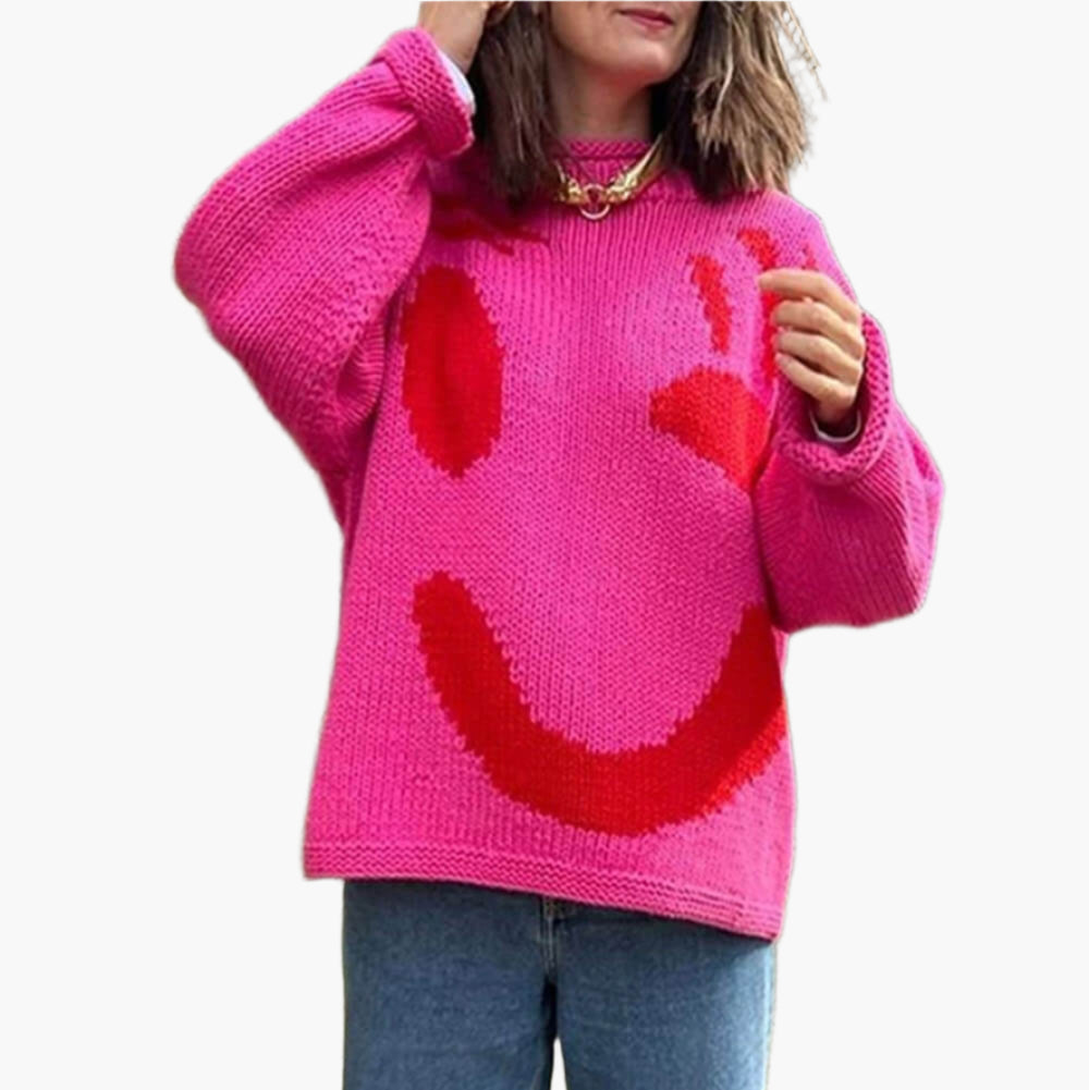 Women's Knitted Sweater with Abstract Smiley - Comfortable Casual Style for Sunday & Leisure Time