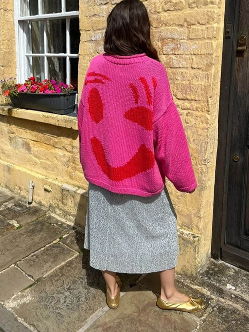 Women's Knitted Sweater with Abstract Smiley - Comfortable Casual Style for Sunday & Leisure Time
