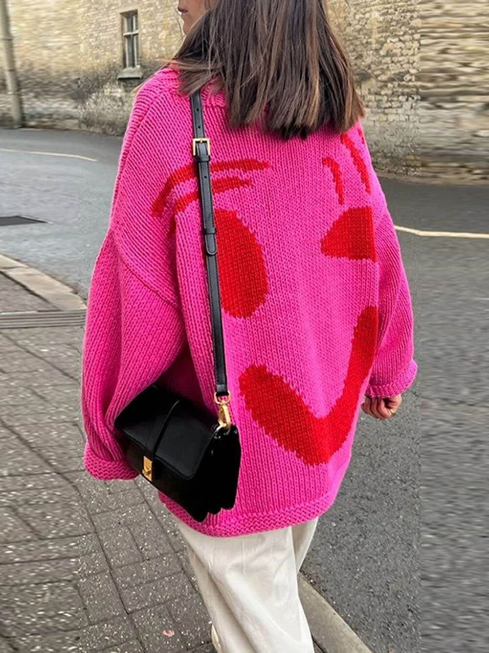Women's Knitted Sweater with Abstract Smiley - Comfortable Casual Style for Sunday & Leisure Time
