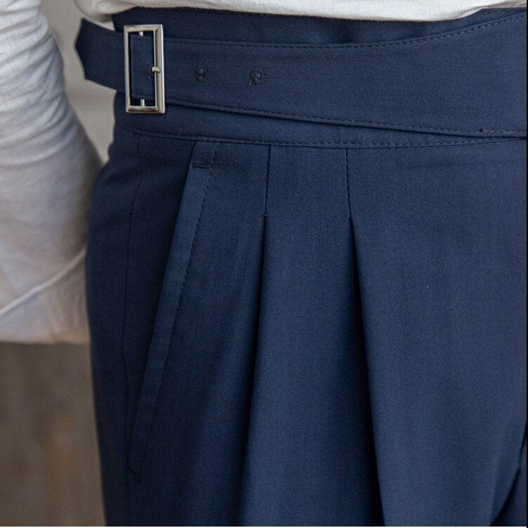 Men's High Waist Custom Pants – Classic Pleated Trousers with Buckle Closure, Business and Formal Style