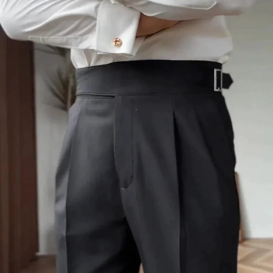 Men's High Waist Custom Pants – Classic Pleated Trousers with Buckle Closure, Business and Formal Style