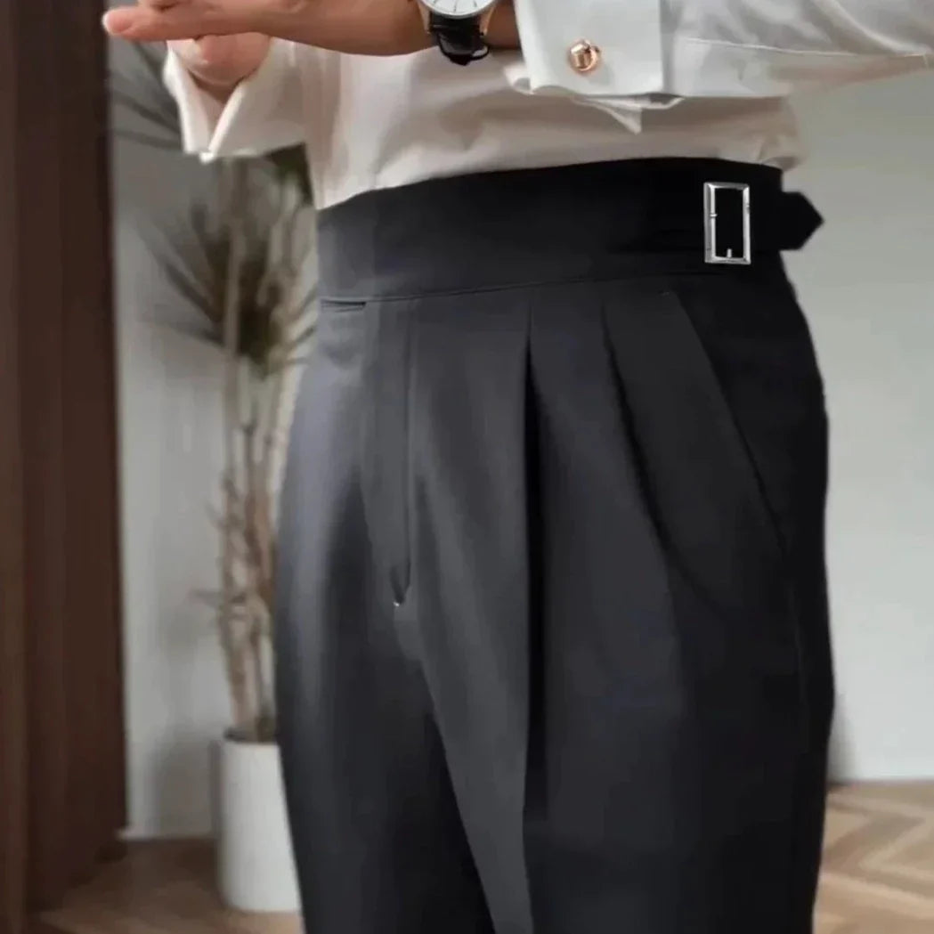 Men's High Waist Custom Pants – Classic Pleated Trousers with Buckle Closure, Business and Formal Style