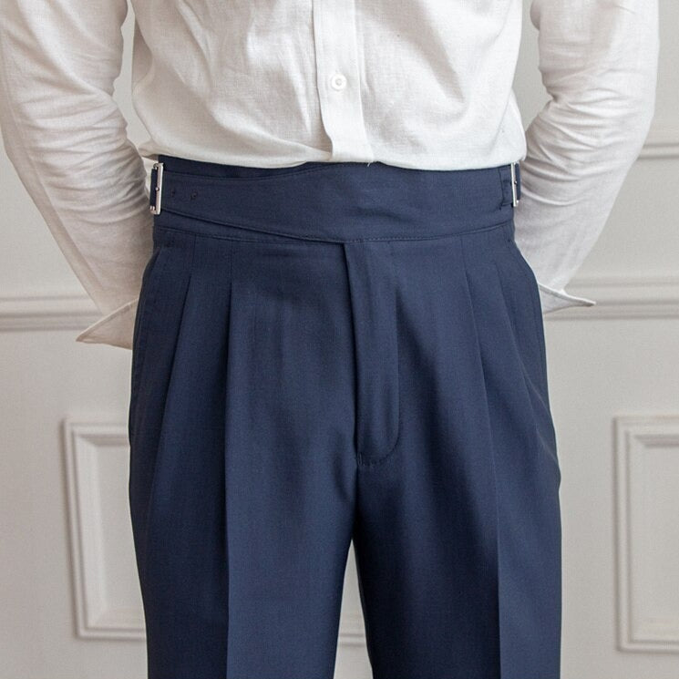 Men's High Waist Custom Pants – Classic Pleated Trousers with Buckle Closure, Business and Formal Style