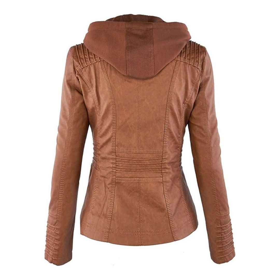 Women's Jacket with Hood – Trendy Leather Look for Autumn and Winter, Fashionable Style, Ideal for Daily Use